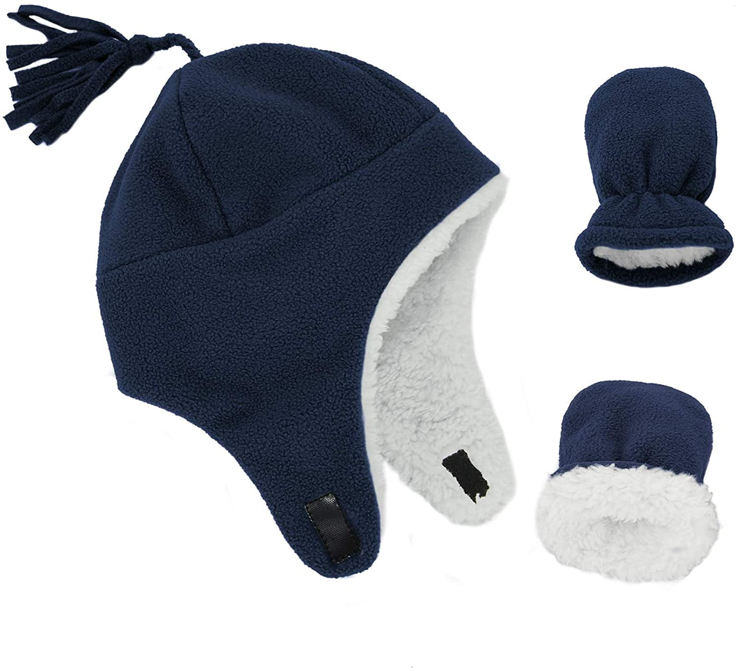 Zando Baby Kids Winter Hats and Gloves Sets for Boys Navy Blue Warm Polar  Fleece Earmuffs Beanie Hat Navy 2-12 Months