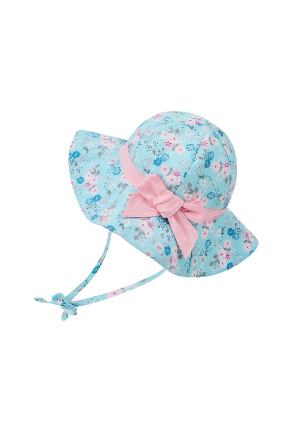 UPF 50+ UV Sun Protection Bowknot Wide Brim Baby Sun Hat Adjustable Chin Strap Outdoor Girls Toddlers Cap Blue Flower S