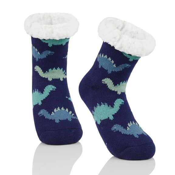 Zando Ultra Soft Slipper Socks for Kids Fuzzy Toddler Socks with Grippers Christmas Socks for Baby Cozy Non Slip Socks Blue Dinosaur 6-8 Years