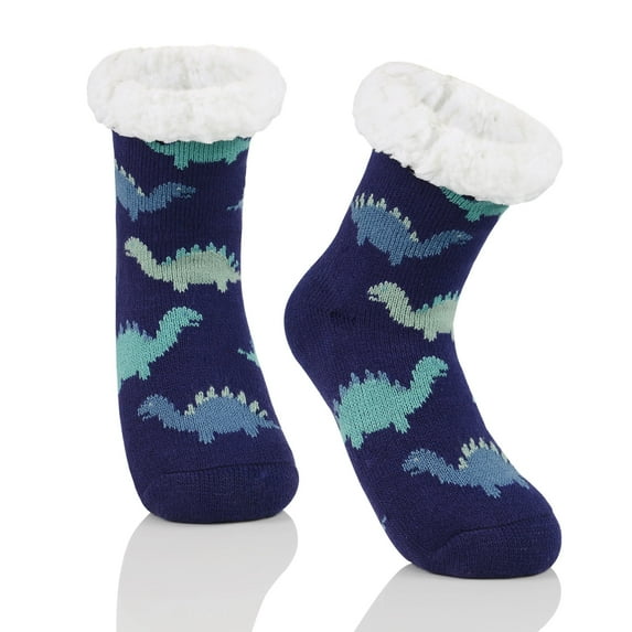 Zando Ultra Soft Slipper Socks for Kids Fuzzy Toddler Socks with Grippers Christmas Socks for Baby Cozy Non Slip Socks Blue Dinosaur 6-8 Years