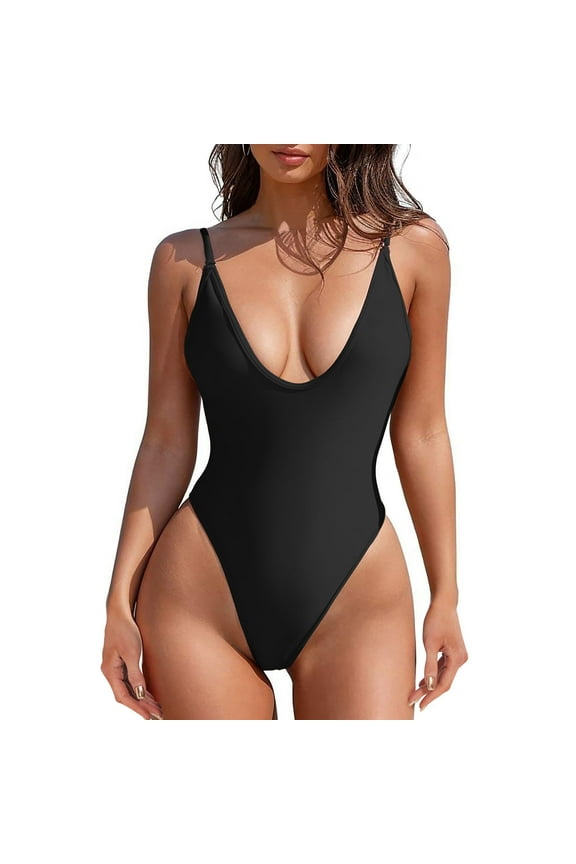 V Neck Cheeky One Piece Swimsuits for Women High Cut Thong Bathing Suit for Women Tummy Control Swim Romper Lady Black L