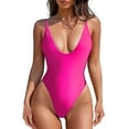 thumbnail image 1 of Zando V Neck Cheeky One Piece Swimsuits for Women High Cut Thong Bathing Suit for Women Tummy Control Swim Romper Lady Hot Pink XL, 1 of 6