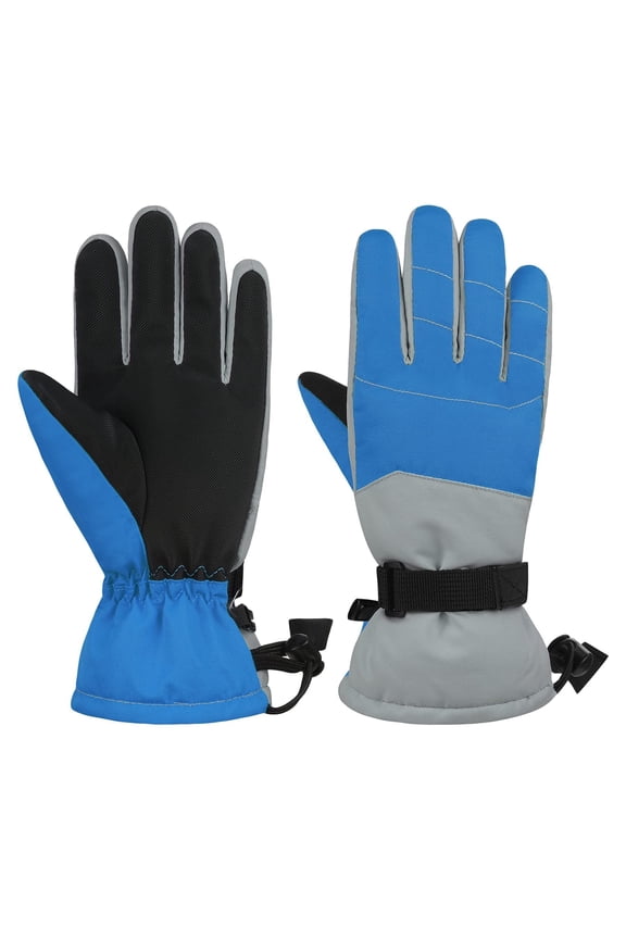 Waterproof Snow Gloves for kids Girls Windproof Winter Gloves Boys Ski Gloves with Wrist Leashes Child Snowboard Gloves Patchwork Blue 11-14 Years