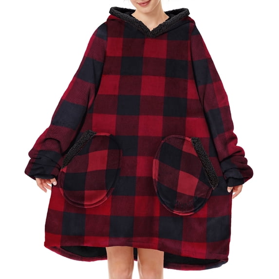 Zando Wearable Blanket Hoodie for Women Oversized Sherpa Fleece Thick Warm Blanket Sweatshirt Black Red Plaid B