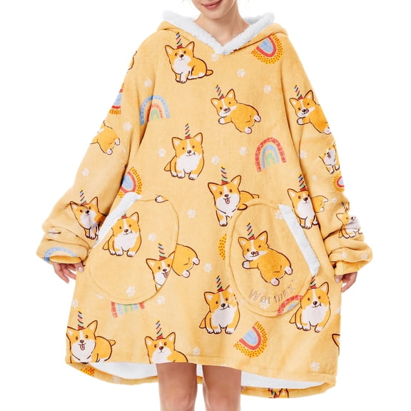 Zando Wearable Blanket Hoodie for Women Oversized Sherpa Fleece Thick Warm Blanket Sweatshirt Light Yellow Corgi