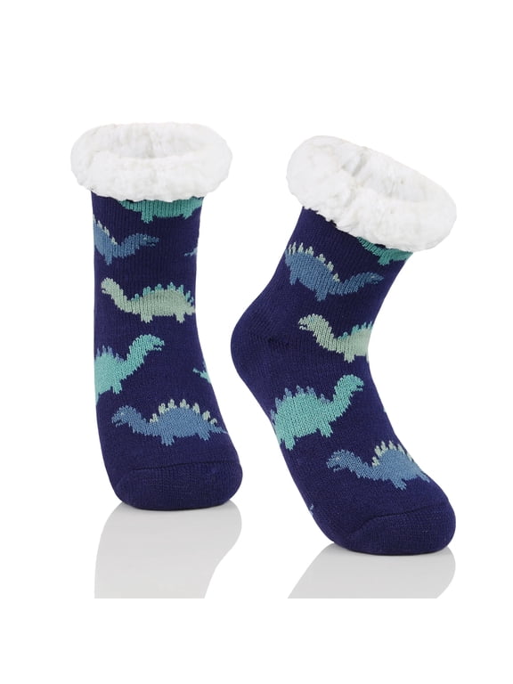 Kids Fuzzy Slipper Socks with Grippers, Warm Fleece Non-Slip Socks Blue Dinosaur 2XL