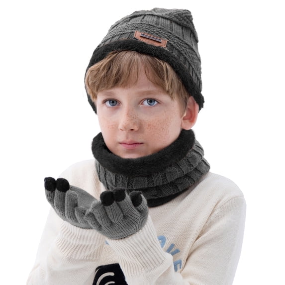 Zando 3Pcs Kids Winter Fleece Lined Beanie, Circle Scarf & Touch Screen Gloves Set Grey Age 3-8