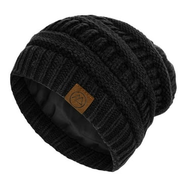 Zando Winter Satin Lined Beanie Hats for Women Men Soft Stretch Cable Knit Beanie Warm Slouchy Beanie Hat Black