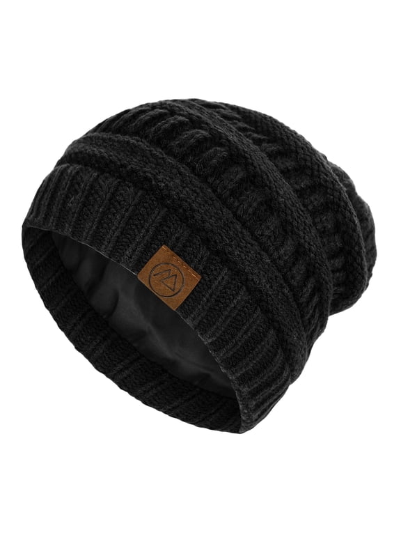 Winter Satin Lined Beanie Hats for Women Men Soft Stretch Cable Knit Beanie Warm Slouchy Beanie Hat Black