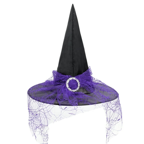 Zando Witch Hat with Veil Wide Brim Wizard Hats Foldable Large Witches Hats Adult Halloween Costume Accessory Purple