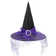 Zando Witch Hat with Veil Wide Brim Wizard Hats Foldable Large Witches Hats Adult Halloween Costume Accessory Purple