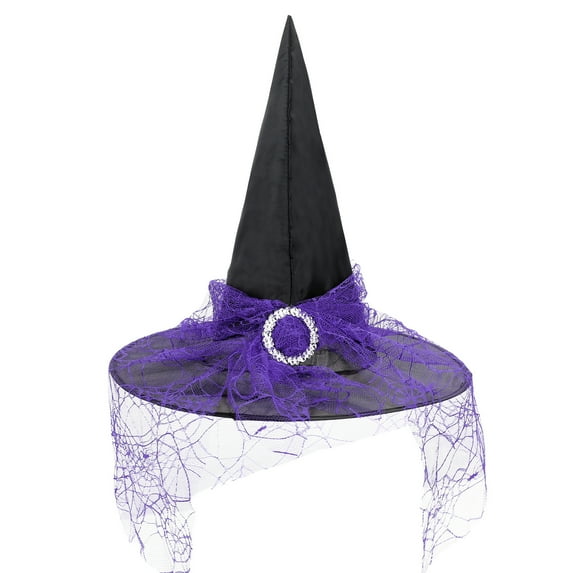 Zando Witch Hat with Veil Wide Brim Wizard Hats Foldable Large Witches Hats Adult Halloween Costume Accessory Purple