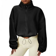 ZANDO Women Oversized Full Zip Fleece Jacket Long Sleeve Sherpa Crop Coat with Drawstring Hem Black L