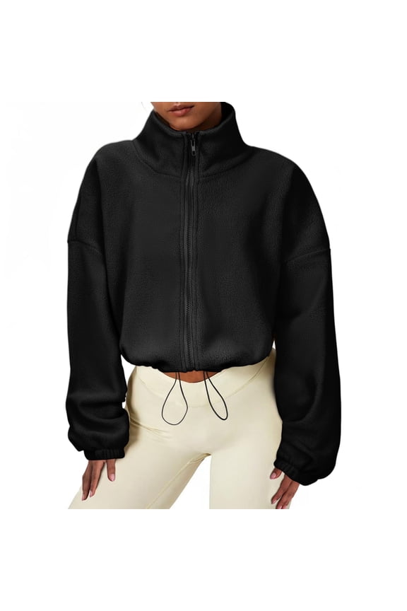 Women Oversized Full Zip Fleece Jacket Long Sleeve Sherpa Crop Coat with Drawstring Hem Black L