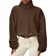 Zando Women Oversized Full Zip Fleece Jacket Long Sleeve Sherpa Crop Coat with Drawstring Hem Coffee Brown L