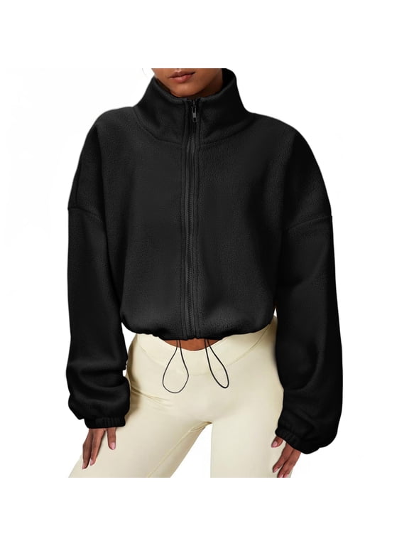 Women's Fleece Jacket Stand Collar Full Zip Crop Jacket With Pockets Warm Womens Sherpa Coats Outwear Black S