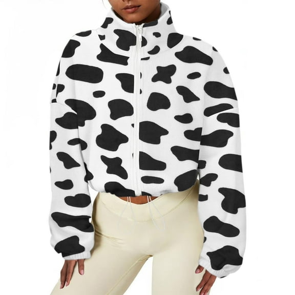 Zando Women's Fleece Jacket Stand Collar Full Zip Crop Jacket With Pockets Warm Womens Sherpa Coats Outwear Cow Print S