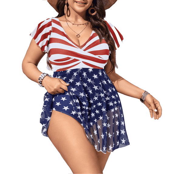 Zando Women's Plus Size Bathing Suit Tummy Control One Piece Swim Dress with sleeves for Beach Vacation American Flag 3XL