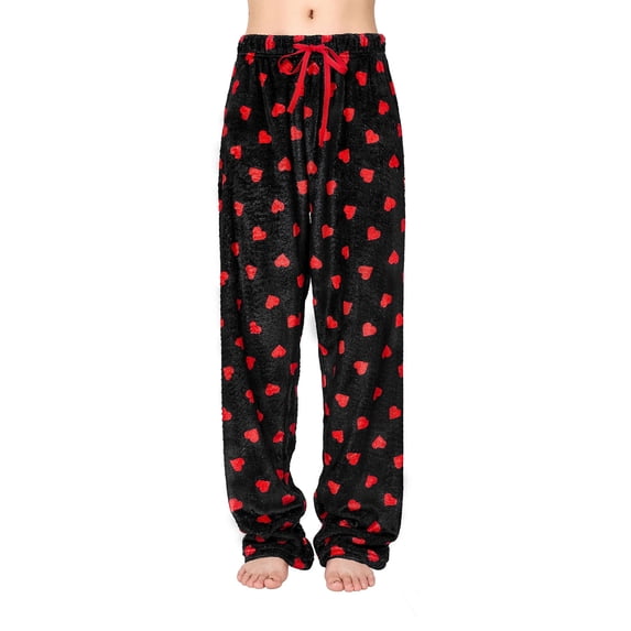 Zando Women's Plush Fuzzy Pajama Pants Winter Cozy Pj Bottoms Drawstring Lounge Pants Womens Sleepwear Black Red Heart L