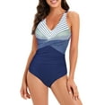 thumbnail image 1 of Zando Women's Tummy Control Swimsuit Women One Piece Bathing Suit V Neck Swimming Suits Navy Blue White L, 1 of 8