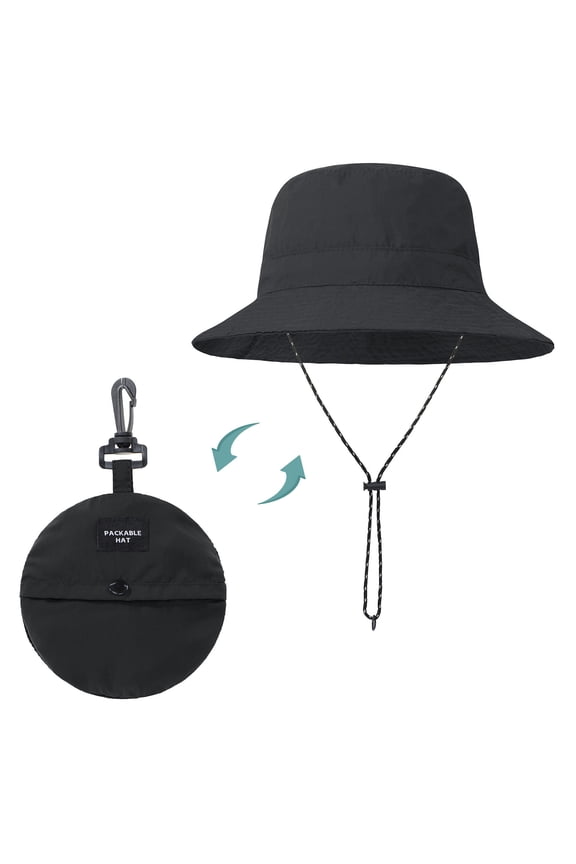 Womens Bucket Hats Packable Foldable Bucket Hats for Men Waterproof Lightweight Fishing Hiking Hat Wide Brim Sun Hats for Women UV Protection Black