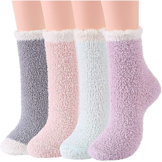 Zando Womens Fuzzy Winter Slipper Socks, Cozy Crew Fluffy Socks 4Pairs ...