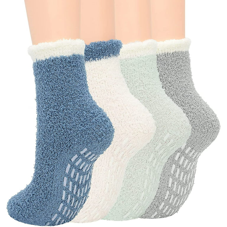 Zando Womens Fuzzy Socks Winter Slipper Socks Non-Slip Grip Socks Warm  Fleece Socks Non Skid Socks Soft Fluffy Socks 4 Pairs Blue Solid 