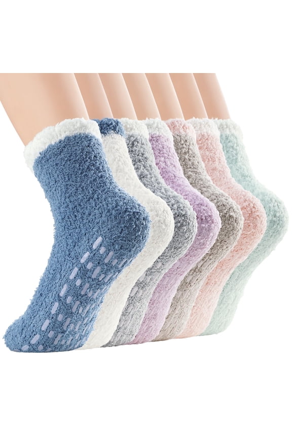 Womens Fuzzy Socks Winter Slipper Socks Non-Slip Grip Socks Warm Fleece Socks Non Skid Socks Soft Fluffy Socks 7 Pairs Colorful Solid