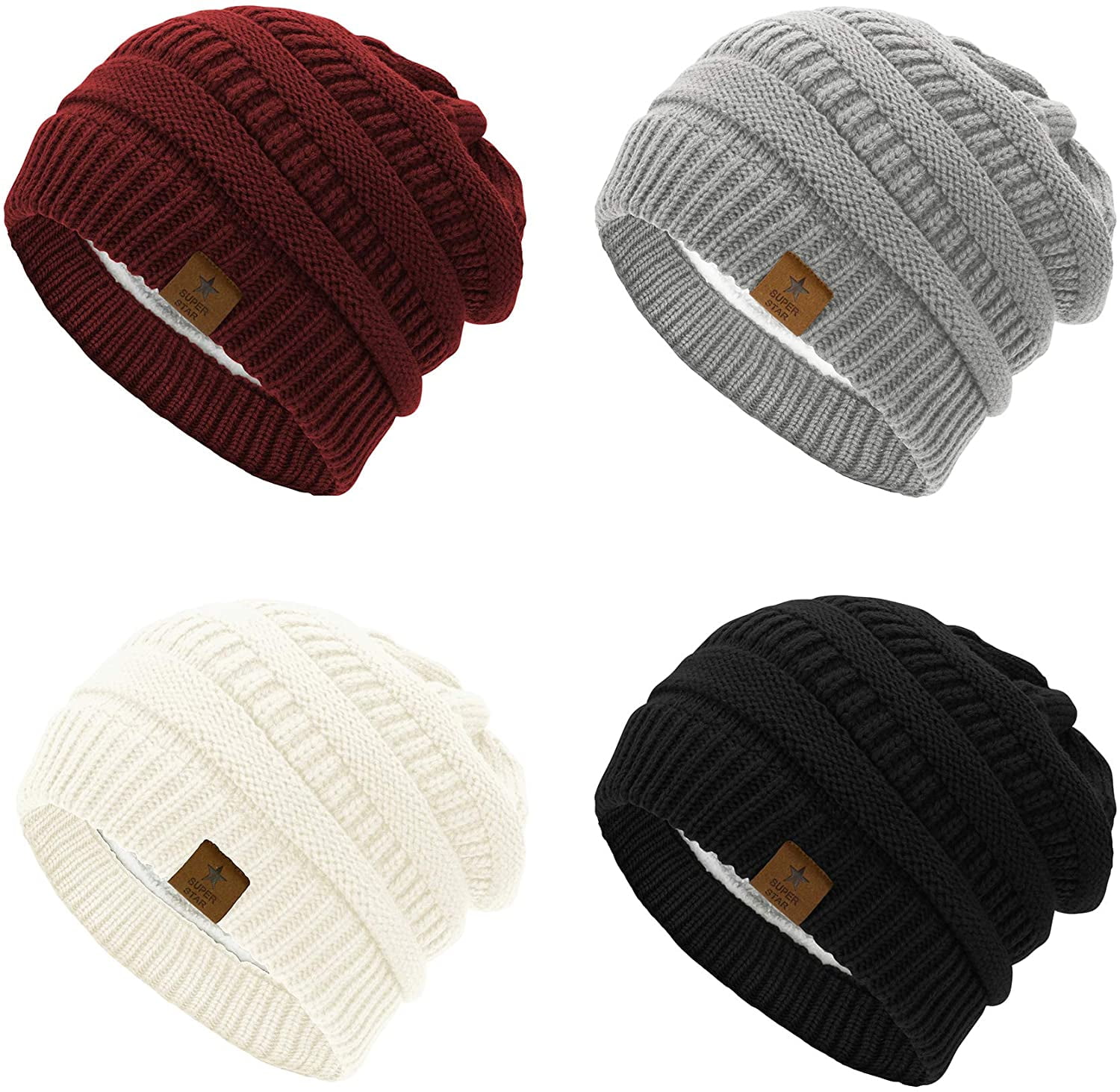 Unisex Black  Burgundy Warm Fleece-Lined Knit Beanie Skull Cap for Cold Weather Beanie Hat -Winter Hat Warm and Soft Knit Skull Beanie with  main image 3