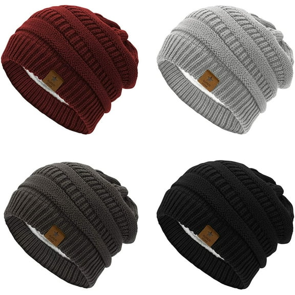 Zando Womens Knit Beanie Winter Thick Fleece Lined Beanie Hats for Women Men Unisex Warm Skiing Beanies Black & Dark Grey & Burgundy & Light Grey 4 Packs