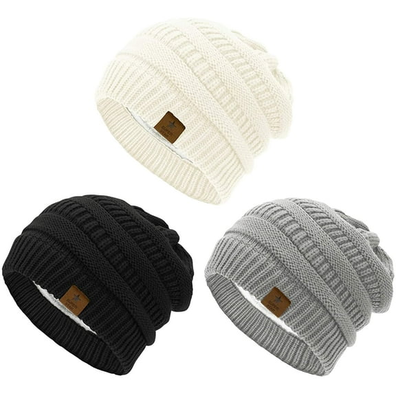Zando Womens Knit Beanie Winter Thick Fleece Lined Beanie Hats for Women Men Unisex Warm Skiing Beanies Black & Light Grey & Ivory 3 Packs