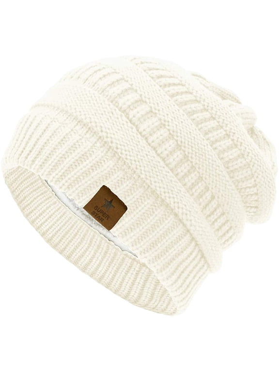 Womens Knit Beanie Winter Thick Solid Fleece Lined Beanie Hats for Women Men Unisex Warm Skiing Beanies Ivory White