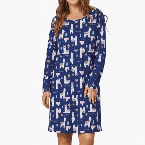 Zando Womens Long Sleeve Nightgown Cotton Nightgowns Plus Size House Dresses Soft Ladies Night Gown Cartoon Sleep Shirt Dark Blue Alpaca L