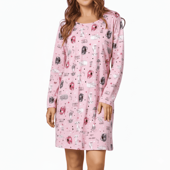 Zando Womens Long Sleeve Nightgown Cotton Nightgowns Plus Size House Dresses Soft Ladies Night Gown Cartoon Sleep Shirt Pink Cat M