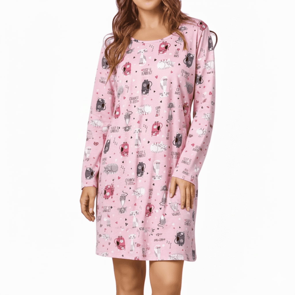 Zando Womens Long Sleeve Nightgown Cotton Nightgowns Plus Size House Dresses Soft Ladies Night Gown Cartoon Sleep Shirt Pink Cat XL