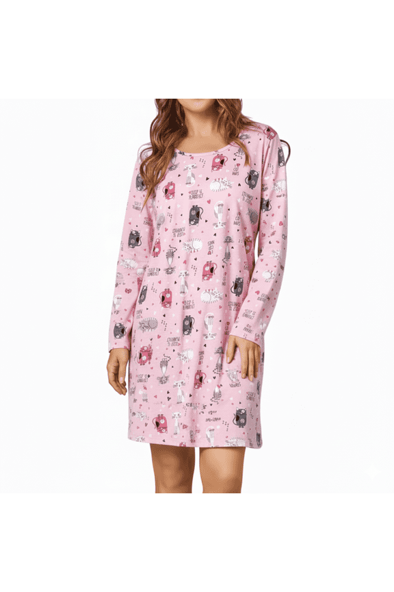 Womens Long Sleeve Nightgown Cotton Nightgowns Plus Size House Dresses Soft Ladies Night Gown Cartoon Sleep Shirt Pink Cat XL