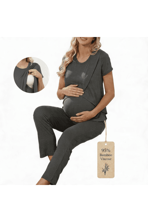 Womens Bamboo Maternity Nursing Pajamas Set Layer Soft Postpartum Lounge Set for Woman Tulip Hem Breastfeeding Woman PJ 2 Piece set