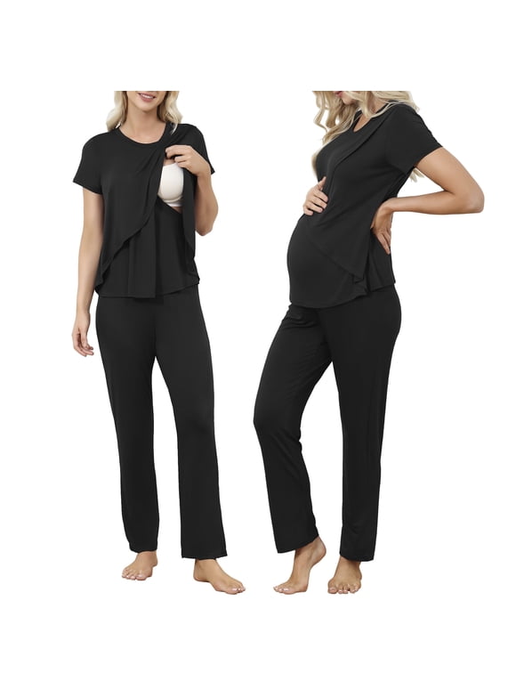 Womens Bamboo Maternity Nursing Pajamas Set Layer Soft Postpartum Lounge Set for Woman Tulip Hem Breastfeeding Woman PJ 2 Piece set
