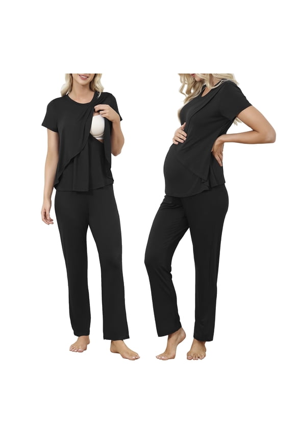 Womens Bamboo Maternity Nursing Pajamas Set Layer Soft Postpartum Lounge Set for Woman Tulip Hem Breastfeeding Woman PJ 2 Piece set