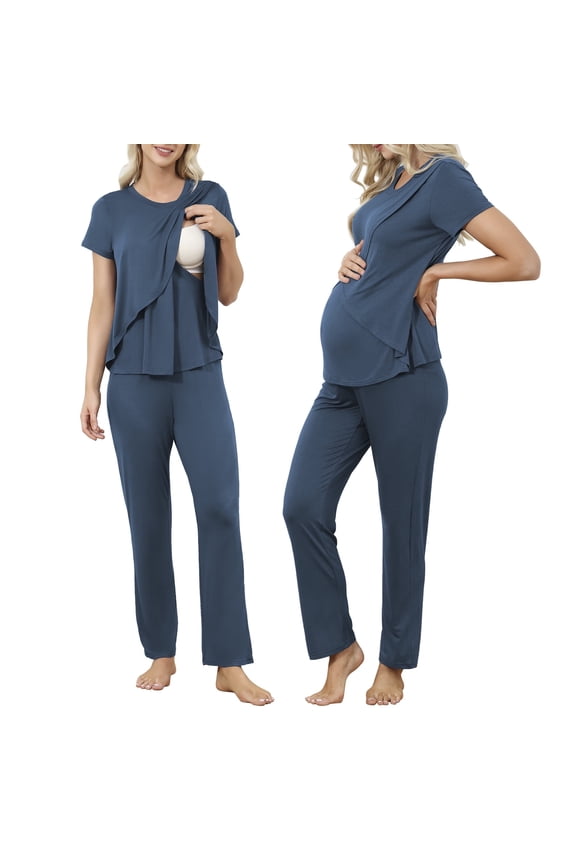 Womens Bamboo Maternity Nursing Pajamas Set Layer Soft Postpartum Lounge Set for Woman Tulip Hem Breastfeeding Woman PJ 2 Piece set