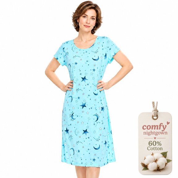 Zando Cotton Womens Nightgown Short Sleeve Sleep Shirt Print Pajama Dress L