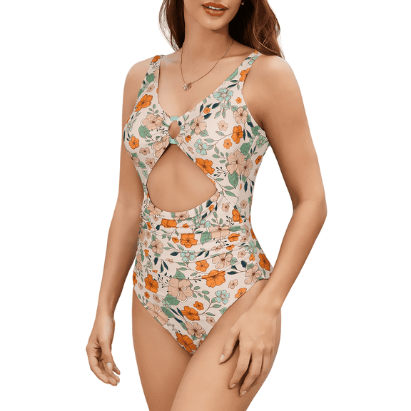 Zando O Ring Linked One Piece Trendy Swimsuit for Women 2026 Sexy Cutout High Waisted Beach Bathing Suit Orange Floral XL
