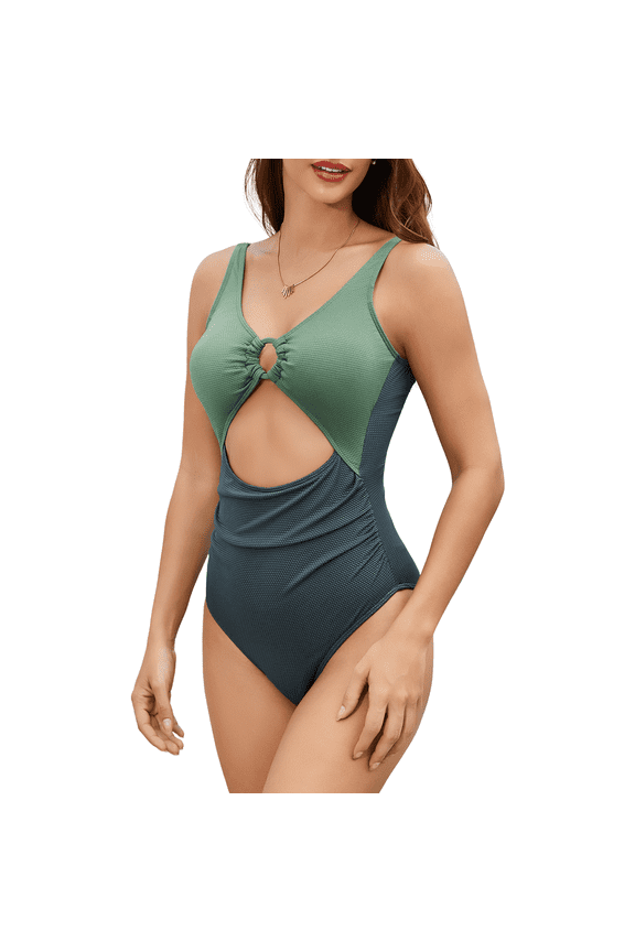 Womens One Piece Swimsuits Slimming Tummy Control Bathing Suit Modest Cutout Ring Linked Swimwear Black & Green L