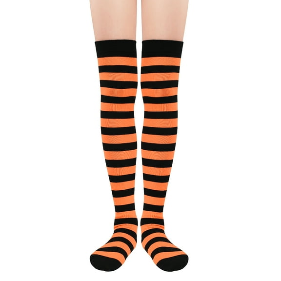 Zando Womens Orange Thigh High Socks Striped Long Halloween Socks Witch Tights Over the Knee Crazy Socks for Costumes Orange