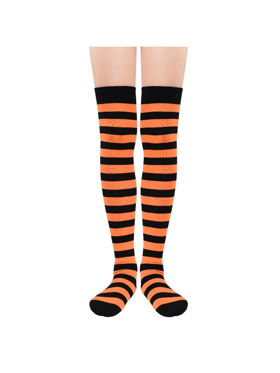 Womens Orange Thigh High Socks Striped Long Halloween Socks Witch Tights Over the Knee Crazy Socks for Costumes Orange
