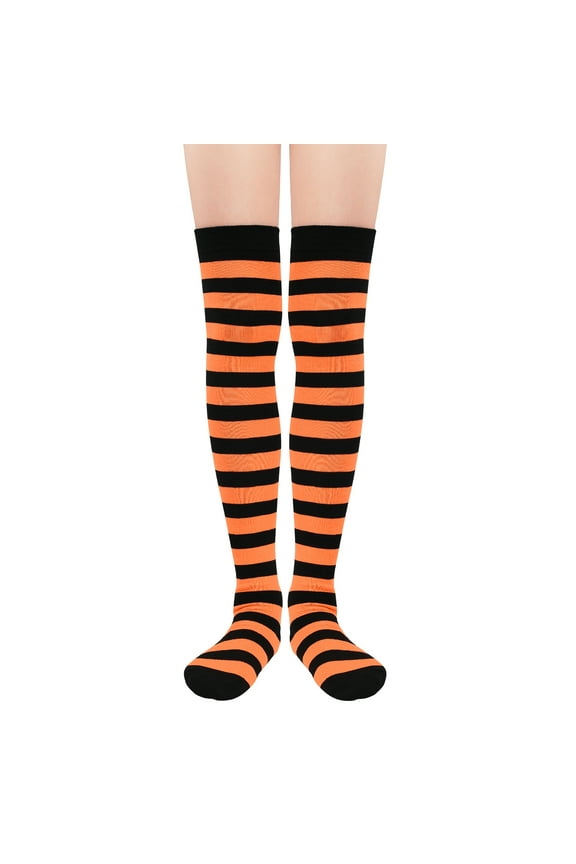 Womens Orange Thigh High Socks Striped Long Halloween Socks Witch Tights Over the Knee Crazy Socks for Costumes Orange