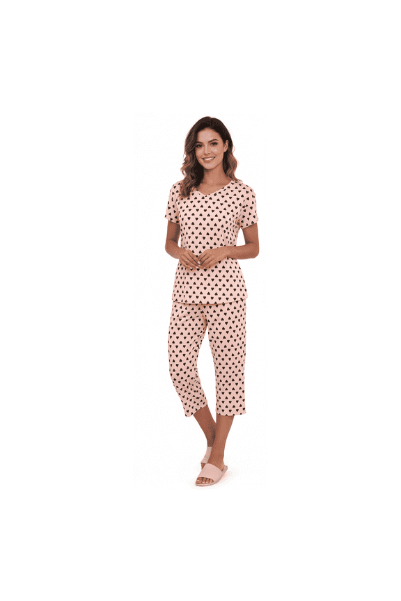 Womens Pajama Set 2 Piece Cotton Summer Pajamas PJs Soft Comfy Capris Pants for Ladies Pink & Black Heart L