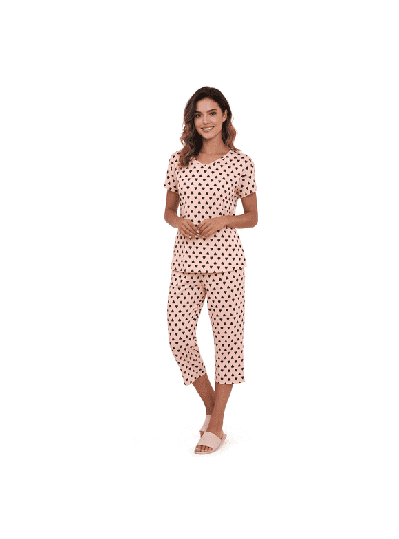 Womens Pajama Sets for Women Soft 2 Piece Lounge Sets Women Short Sleeve V Neck Top with Capri Pants Pj Set Pink and Black Heart XL