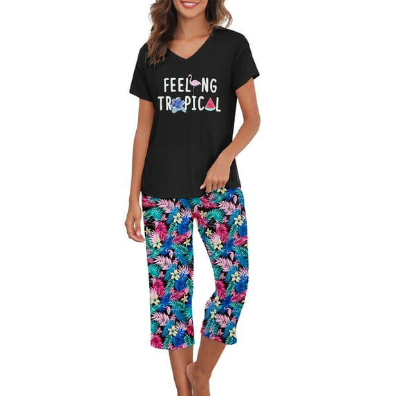 Zando Womens Pajamas Set Casual Women's Sleepwear 2 Pack Short Sleeve Tee and Capri Pants Fun Prints Womens Loungewear Set Black Colorful Leaves Size M-3XL
