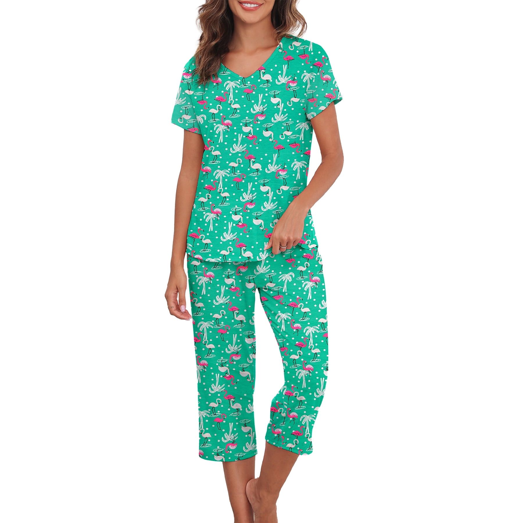 Zando Womens Pajamas Set Casual Women s Sleepwear 2 Pack Short Sleeve Tee and Capri Pants Fun Prints Womens Loungewear Set Green Flamingos Size M 3XL